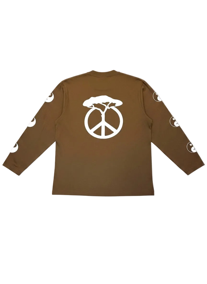 Brown long-sleeve shirt with white peace symbol and tree design on a white background